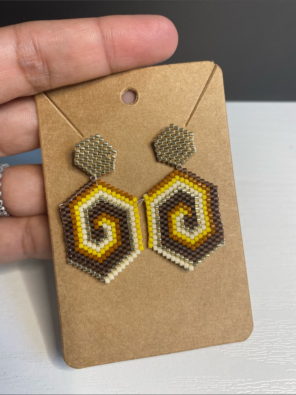 Spiral Hexagon Beaded Drop Earrings in Yellow and Brown